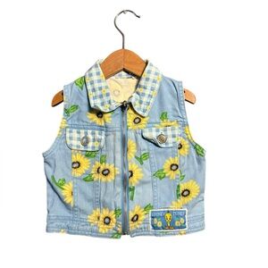 Vintage Looney Tunes Denim Vest with Sunflower Print